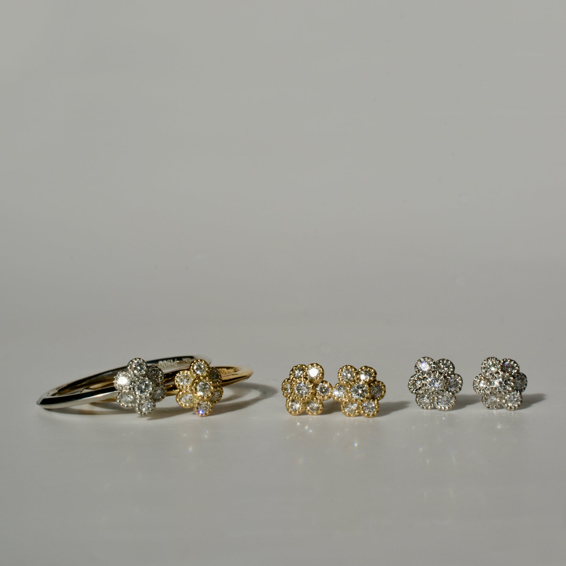Diamond Fleur Rings and Earrings by Shinkai at Abacus Row Handmade Jewelry