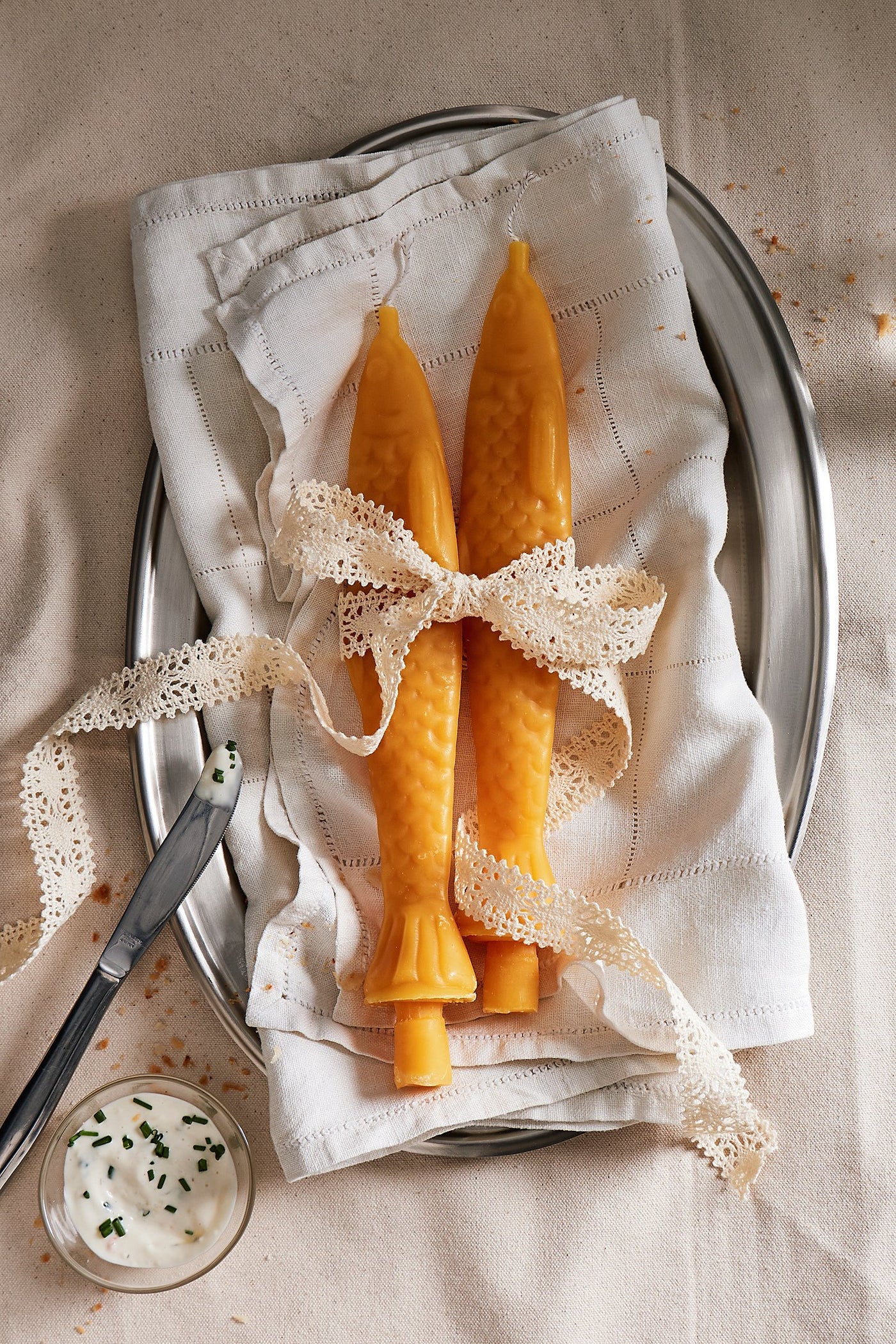 Fish Stick Candles on platter by Tinned Candle at Abacus Row