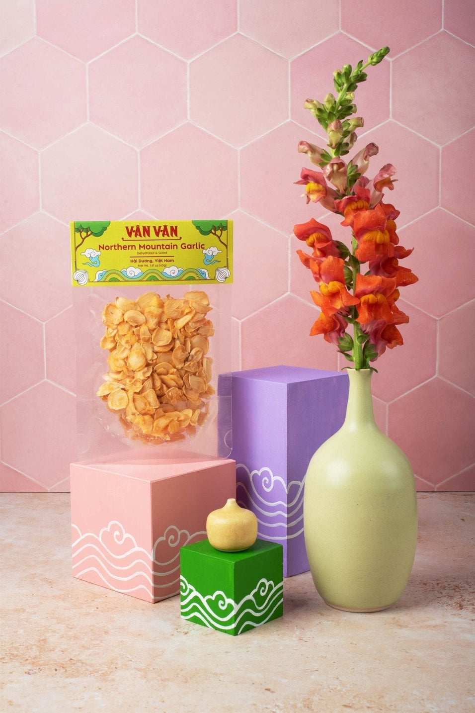 Styled Sliced Northern Mountain Garlic by Vân Vân at Abacus Row Jewelry