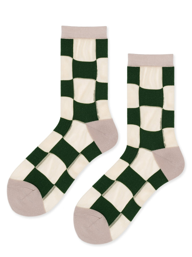 Hansel from Basel Checkboard Sheer Crew Socks Green and Ivory