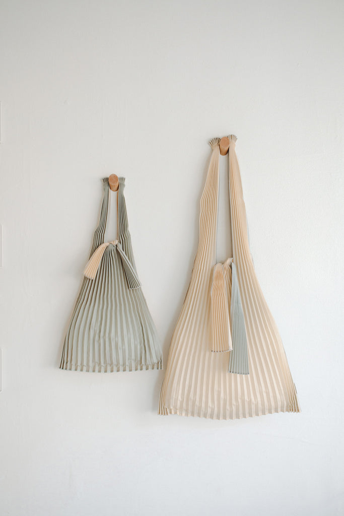 Small and Large Pleated Pleco Tote Bag - Beige + Silver