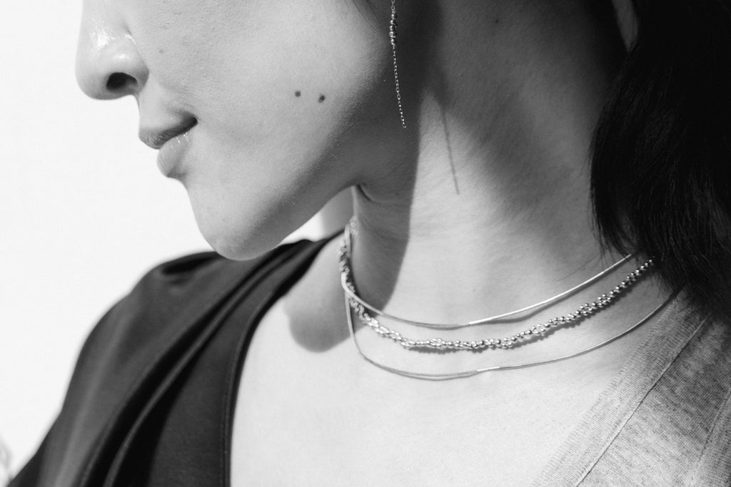 Zeta Necklace model - Abacus Row Handmade Jewelry