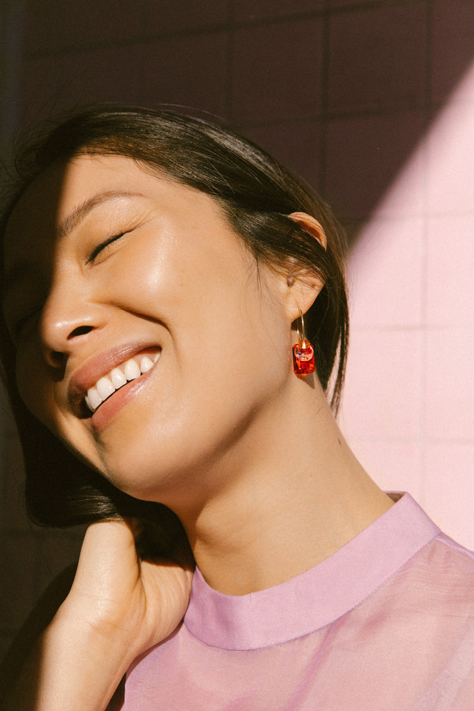 Lai See Earrings on model by Abacus Row Handmade Jewelry
