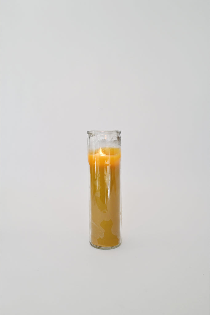Lit Beeswax Glass Pillar Candle by Alysia Mazzella at Abacus Row Handmade Jewelry