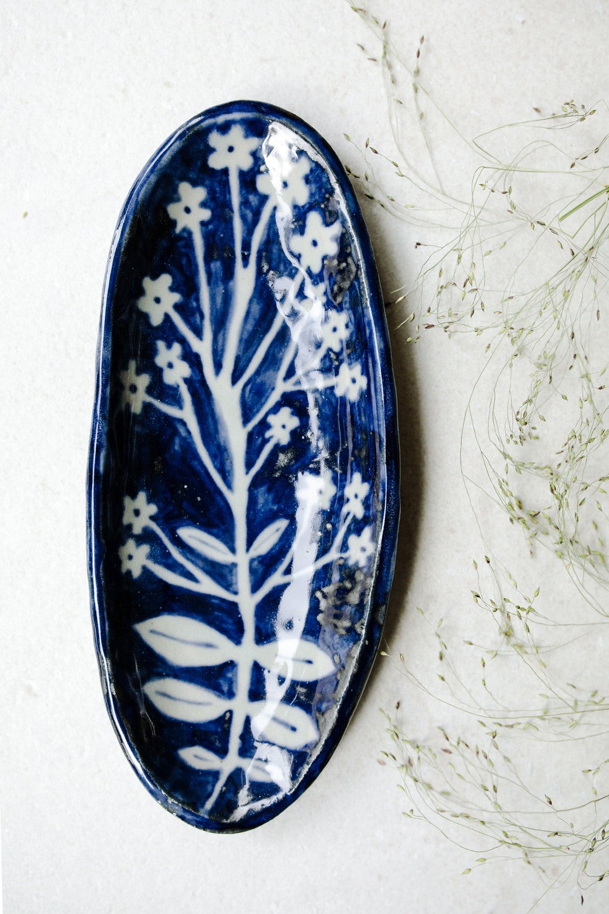 Large Oval Painted Floral Dish by Ariel Clute