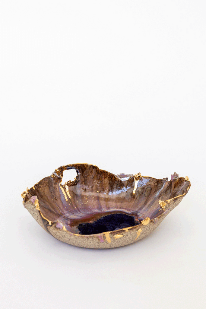 Large Pink Aurora with Gold Iceland Dilapidated Bowl by Minh Singer at Abacus Row Handmade Jewelry