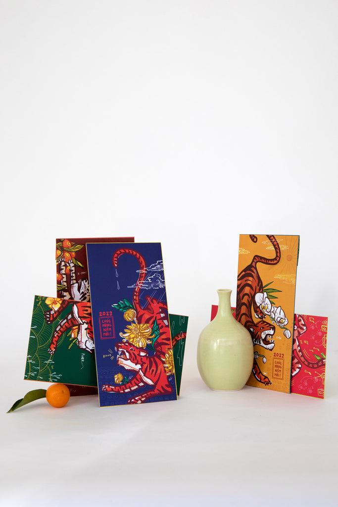 Year of the Tiger Tết Lì Xì Envelopes by Stacy Nguyen and Vi Voy Vase at Abacus Row