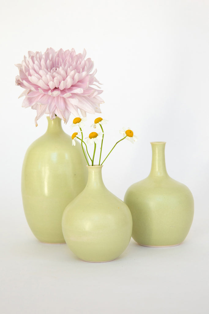 Avocado Bottle Bud Vases by Vy Voi with Flowers at Abacus Row